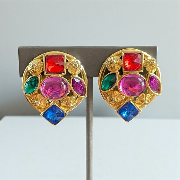Vintage 1980s Gripoix Earrings Gold Jewel Tone Runway Mogul Cabochon Clip On - Picture 10 of 10